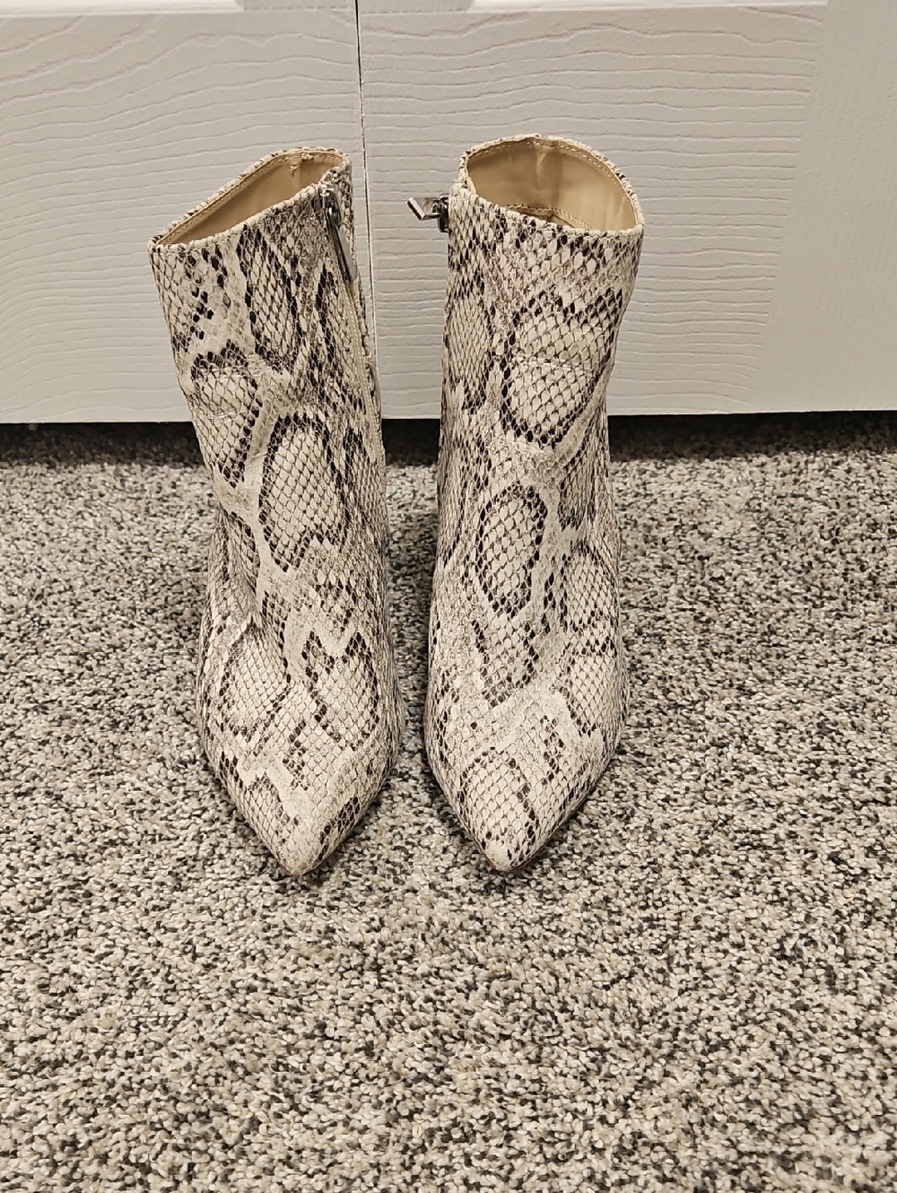 Qupid Snake-Print Pointed Toe Ankle Boots in Cream and Black